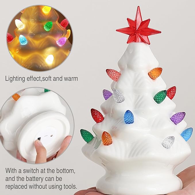 B SEPOR Ceramic Christmas Tree, 7 inch, LED Light Up, White Pre-Lit Tabletop Holiday Decoration
