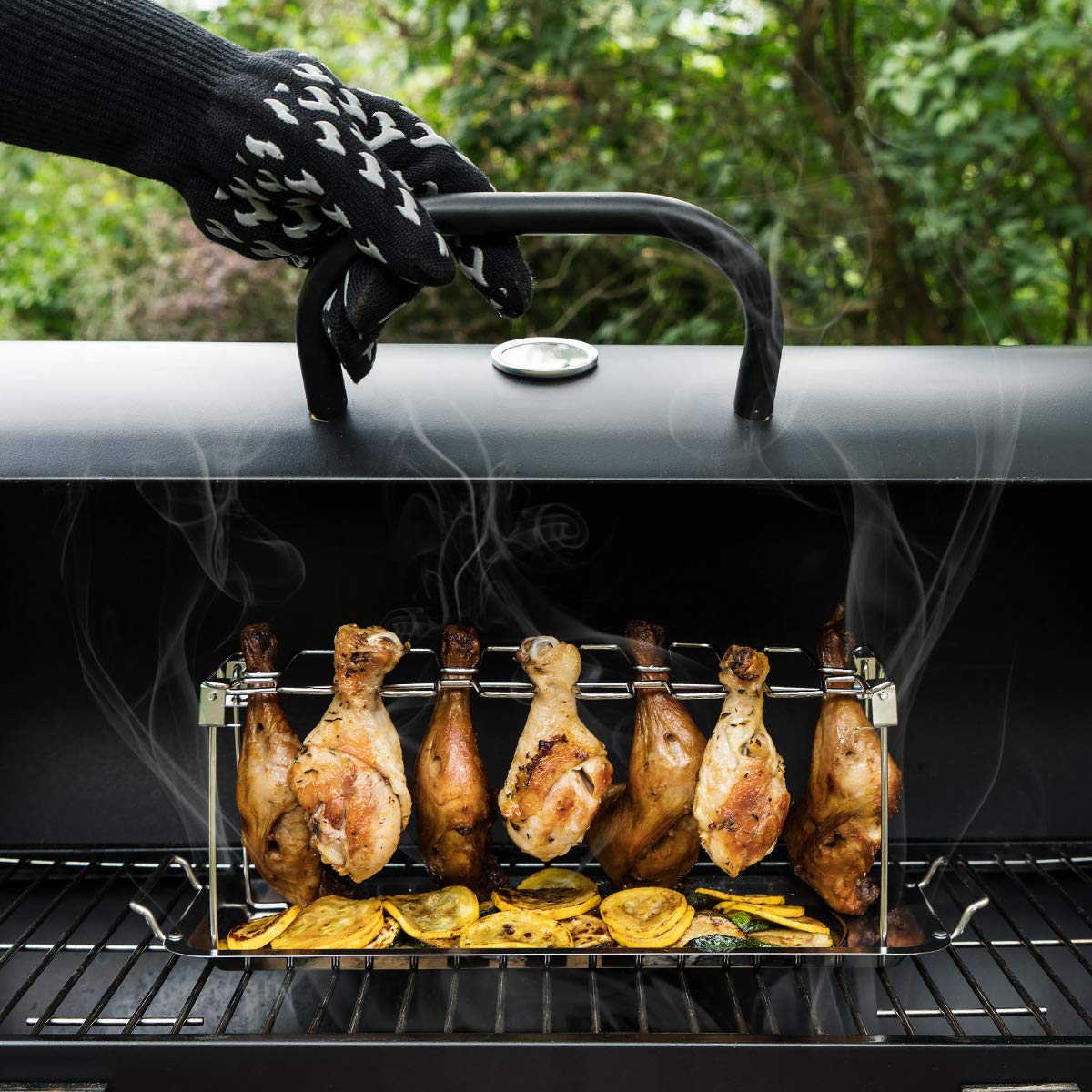 Navaris Stainless Steel Grill Tray - 2 in 1 Stand for 12 Chicken Legs or Wings - Grilling Accessory for Barbecue Grill Oven with Dip Tray