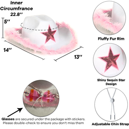 Funcredible White Cowboy Hat and Glasses - Fluffy Cowgirl Hat with Star for Girls - Cowboy Hats with Feathers - Cowgirl Accessories - Halloween Accessories for Women