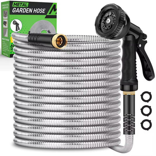 Garden Hose 100ft, Heavy Duty Stainless Steel Water Hose with 10 Functional Nozzles, No Kink, Lightweight and Flexible, Easy to Use and Store, Strong and Sturdy, Suitable for Yard and Lawn