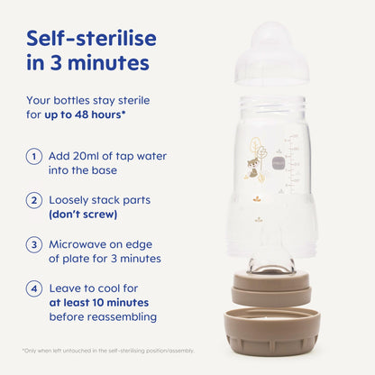 MAM Easy Start Anti-Colic Baby Bottles | 3 Pack (3 x 260) | Self-Sterilising Baby Milk Bottle | Medium Flow MAM Teats Size 2 | Newborn Essentials | Seashell (Various Designs)