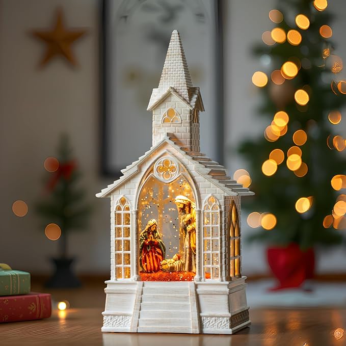 Christmas Nativity Snow Globe Lantern Musical Holy Family Lighted Water Church with Silent Night Music for Christmas Festival Decoration Gifts