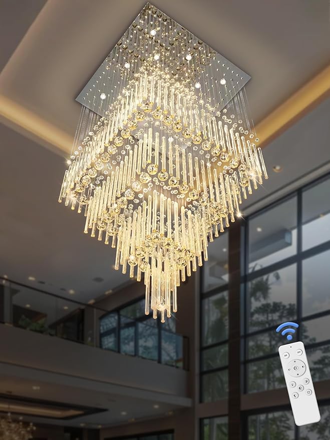 D32''X H110'' High Ceiling Chandelier Crystal Raindrop Chandeliers Staircase Large Chandelier Villa Entrance Foyer Hanging Light High Ceiling Pendant Light Fixture with LED Dimmable