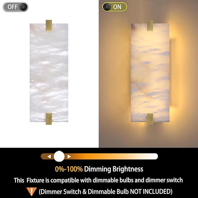 2 Pack 2 Light Square 12.75" Alabaster Marble Bathroom Wall Sconce Modern Concise Style Wall Light Fixture,Gold Finish for Bedroom Hallway Bedside