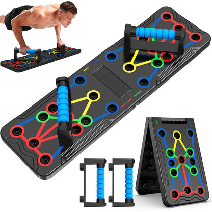 Foldable push-up rack for portable strength training, sturdy and stable equipment for men's and women's home gym workouts.