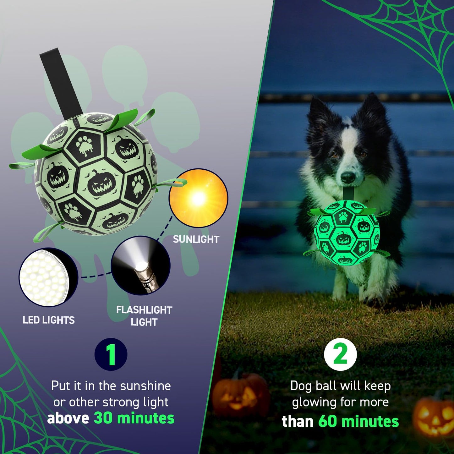 QDAN Halloween Glow in The Dark Dog Toys, Dog Ball with Straps, Soccer Ball for Dogs, Outdoor Dog Toys, Pet Birthday Toys, Puppy Essentials for Medium to Large (8Inch)
