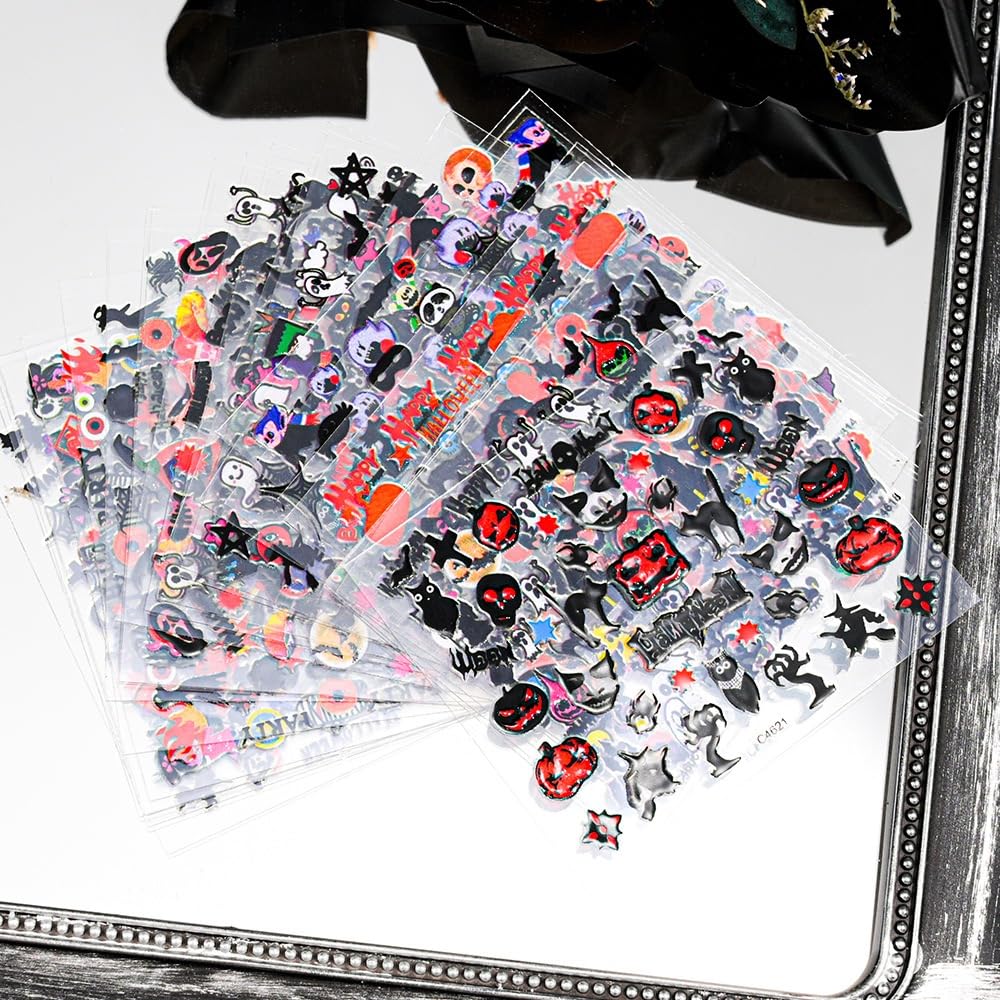 24 Sheets Halloween Nail Stickers Pumpkin Ghost Face Nail Decals 3D Self-Adhesive Nail Supplies Spider Web Cat Bat Nail Art Stickers for Acrylic Nails for Women Kids DIY Manicure Decorations