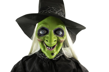 Haunted Hill Farm 71-in. Witch with Broomstick Animatronic, Indoor/Outdoor Halloween Decor, Poseable & Talking Animated Halloween Prop, Battery Operated