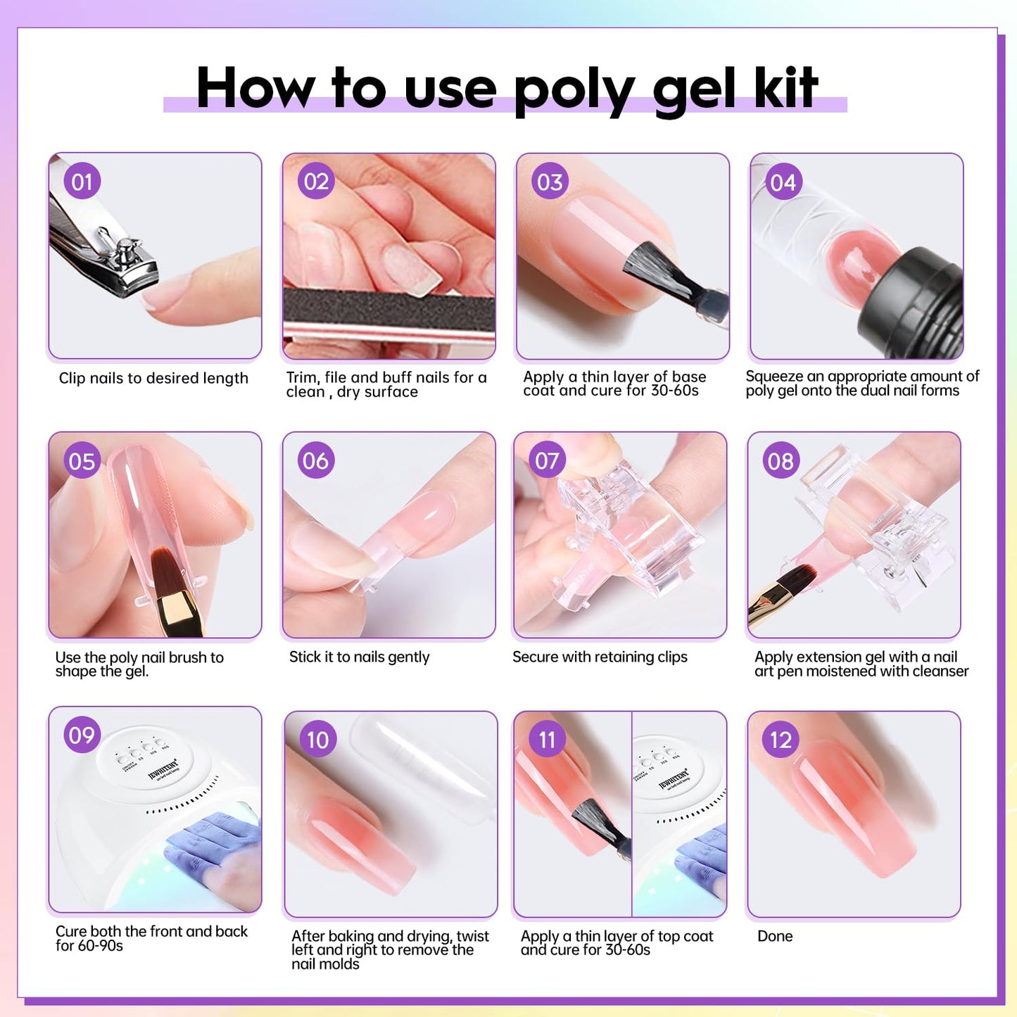 JEWHITENY Poly Extension Gel Nail Kit 14 PCS Poly Gel Kit with Slip Solution and Mini Lamp Nail Art Design Beginner
