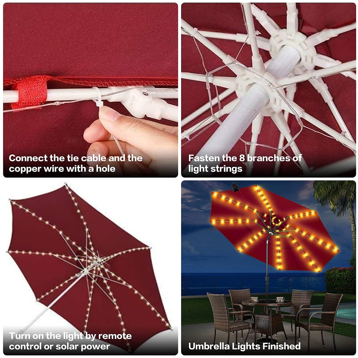 Solar Patio Umbrella Lights Parasol String Lights With Clip Umbrella Pole Light Solar Powered Waterproof for 7-10foot Umbrella Outdoor Lighting Beach Deck Garden Party Decoration