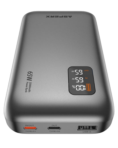AsperX 65W Power Bank, 20,000mAh Laptop Portable Charger, PD 3.0 Fast Charging Travel Essential USB C Battery Pack for MacBook,iPhone 17/16/15/14 Series,Galaxy S24,Dell XPS, Switch,ipad,Steam Deck