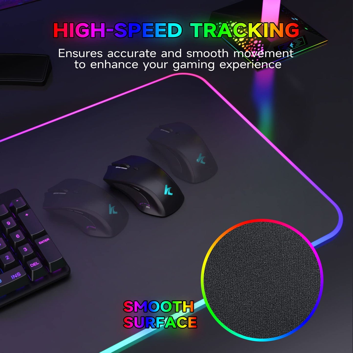 Hcman RGB Gaming Mouse Pad, Large Mousepad with Led Light, PC Gaming Accessories Black Keyboard Pad for Desk, Non-Slip Rubber Base XXL Big Mouse Mat for Gamer Boy Men Gift (31.5 X 12 Inch)