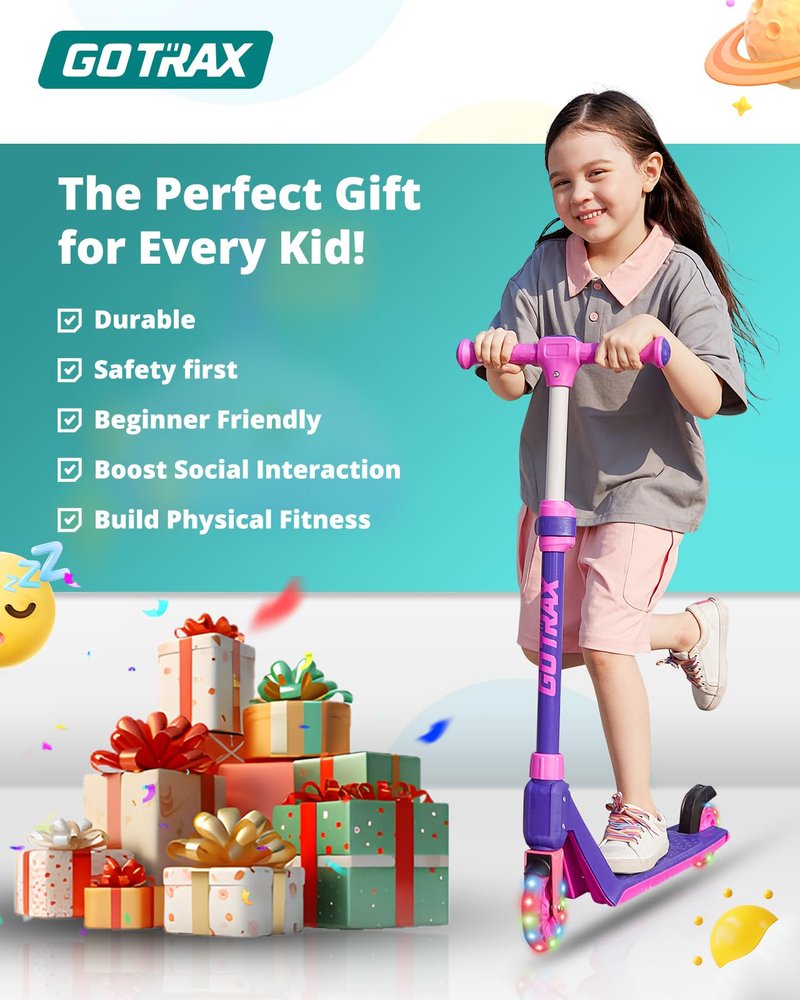 Gotrax K03 Kick Scooter for Kids, 5" LED Lighted Wheels and Adjustable Handlebars, Lightweight Design and Anti-Slip Deck, Max Load 110 Lbs, Kids Scooter for Boys & Girls Ages 3+, Pink