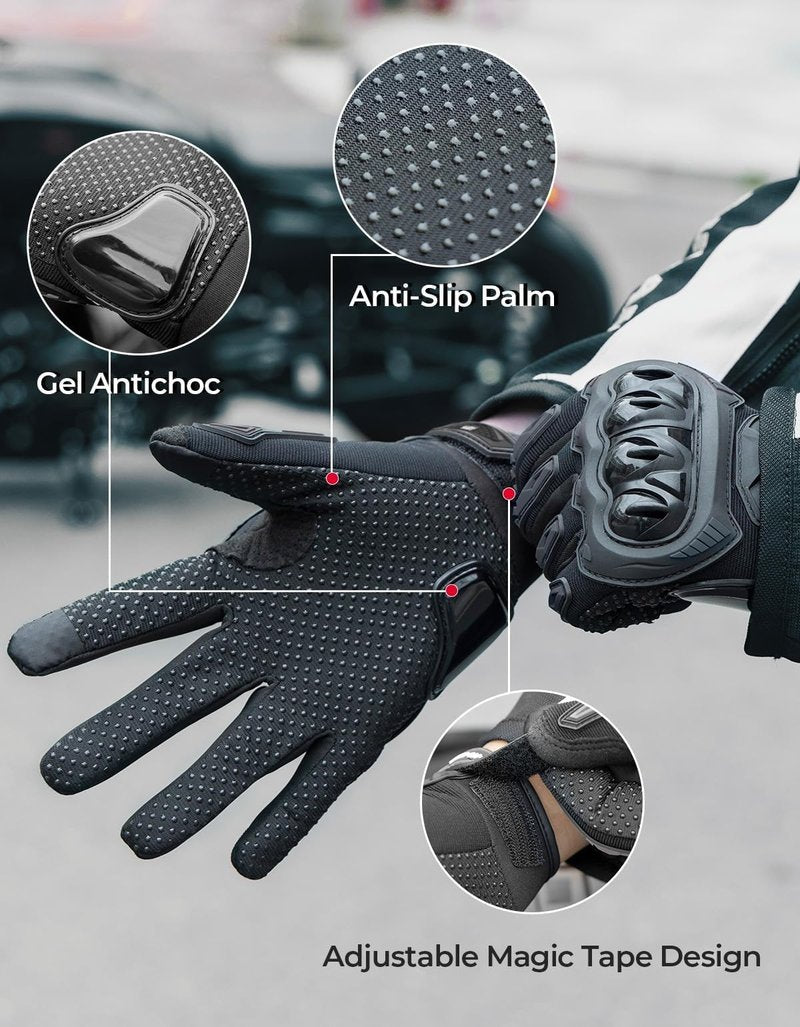 KEMIMOTO Motorcycle Gloves for Men/Women, Touchscreen Dirt Bike Gloves with Shell, Anti-Slip for Motorbike, Riding, Racing, Cycling, Dirt Bike, ATV, UTV, Motocross, BMX, Hiking (Black-L)