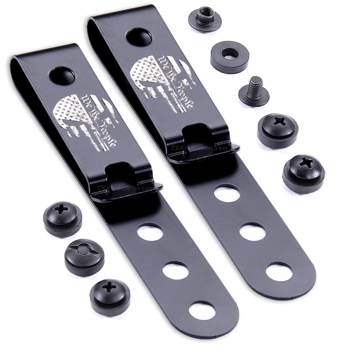 HolsterSmith Universal Metal Belt Clip for Holster Making - (Model 5) - (3-Hole) - (Tactical Black) - (w/Punisher Skull - We The People Engraving) - (w/Mounting Hardware) - (2 Pack)
