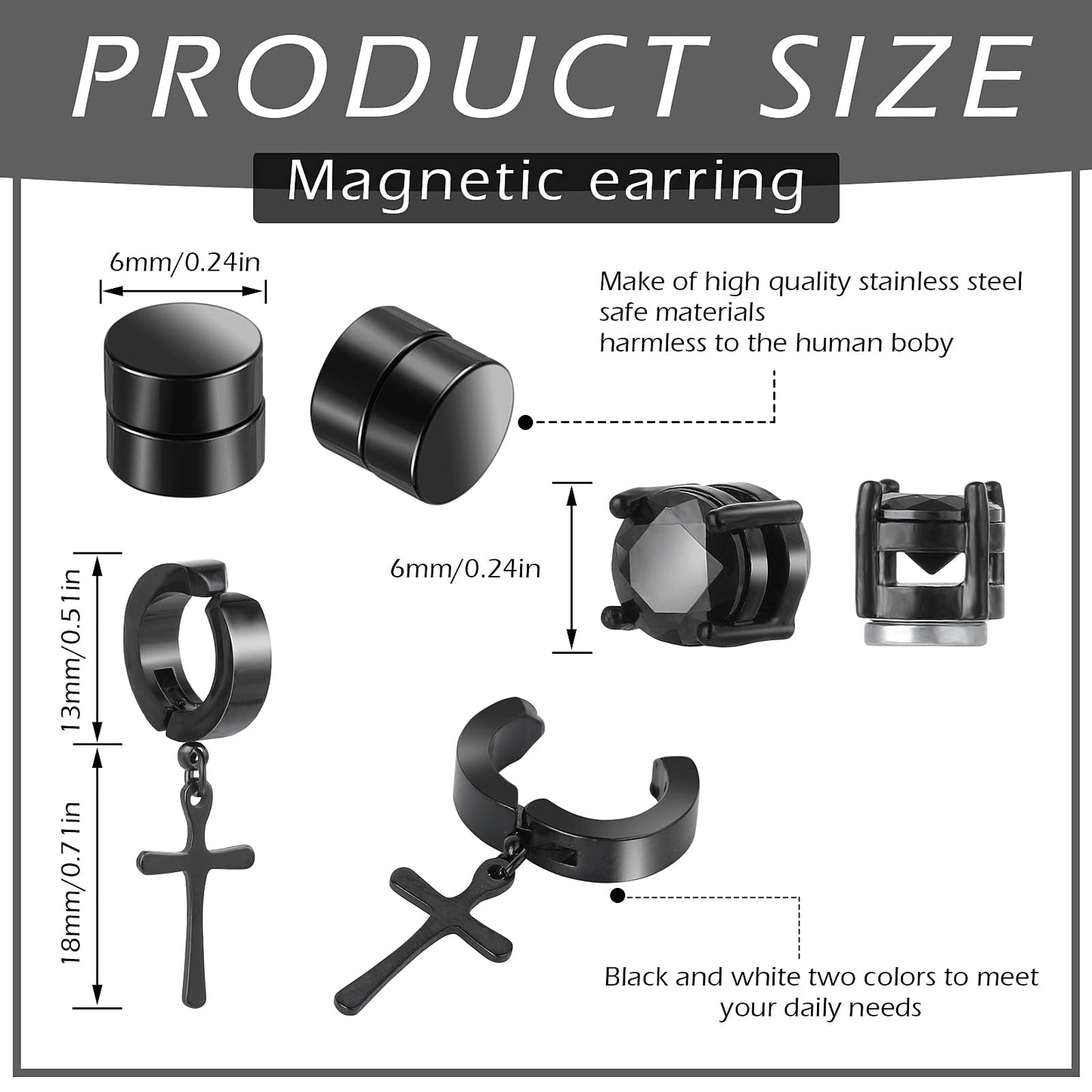 ASTER 10 Pairs Magnetic Stud Earrings Stainless Steel Magnetic Earrings Non Piercing Cross Fake Earrings, Clip on Earring Magnet Earring for Men,Women,Kids,Girls(4 Styles), 10 pairs magnetic earrings, Stainless Steel