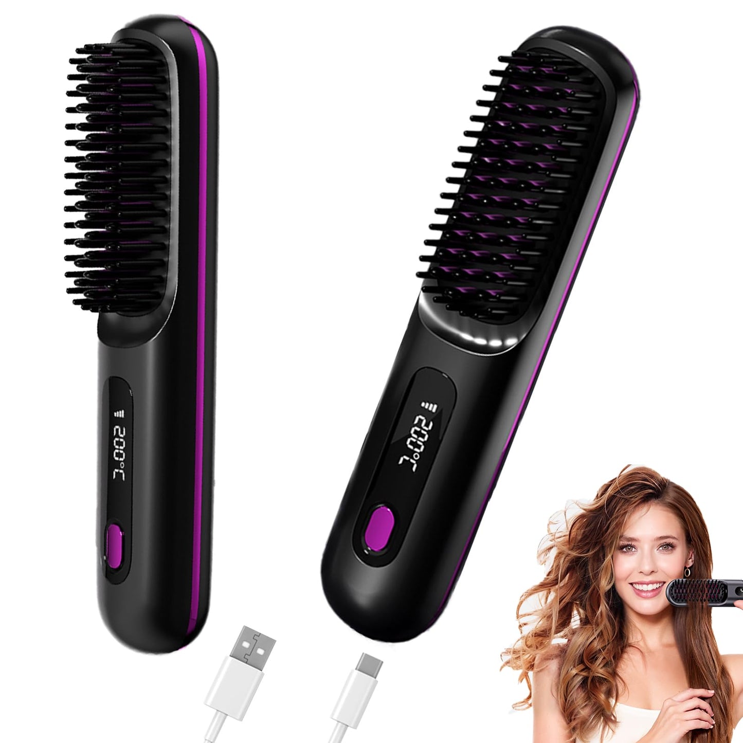 Go Brush Pro Hair Straightener – Cordless Comb with Negative Ion, 4000mAh Fast Heating & Portable Travel Design, Rechargeable Brush for Straightening and Curling (1Pcs)
