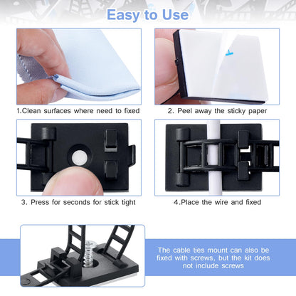 100PCS Adhesive Cable Ties Cable Clips, Self-adhesive Nylon Cable Straps, Adhesive Cable Management Clips for Wire Management (Black-Adhesive Cable Ties)