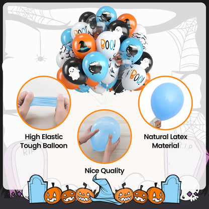 Halloween Balloons,12 Inch Blue Black and Orange Balloons with Boo,Ghost,Hat,Bat Design for Halloween Baby Shower Birthday Wedding Engagement Gender Reveal Party Decorations