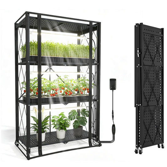 Nedechom Indoor Greenhouse with Grow Light, 4-Tier Foldable Metal Plant Shelf with Full Spectrum 6000K Growing Lamps and Tent, Mini Greenhouse Cabinet with Timer for Seed Starting (28.2"x14.2"x50")