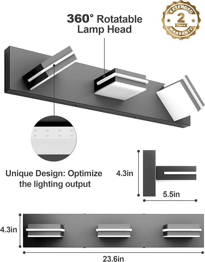 VOLISUN Modern Bathroom Vanity Light Fixtures (3-Light, 24-Inch), Matte Black LED Bathroom Lighting Fixtures Over Mirror, 360°Rotable Head, LED Vanity Lights for Bathrooms (Cool White 6000K)