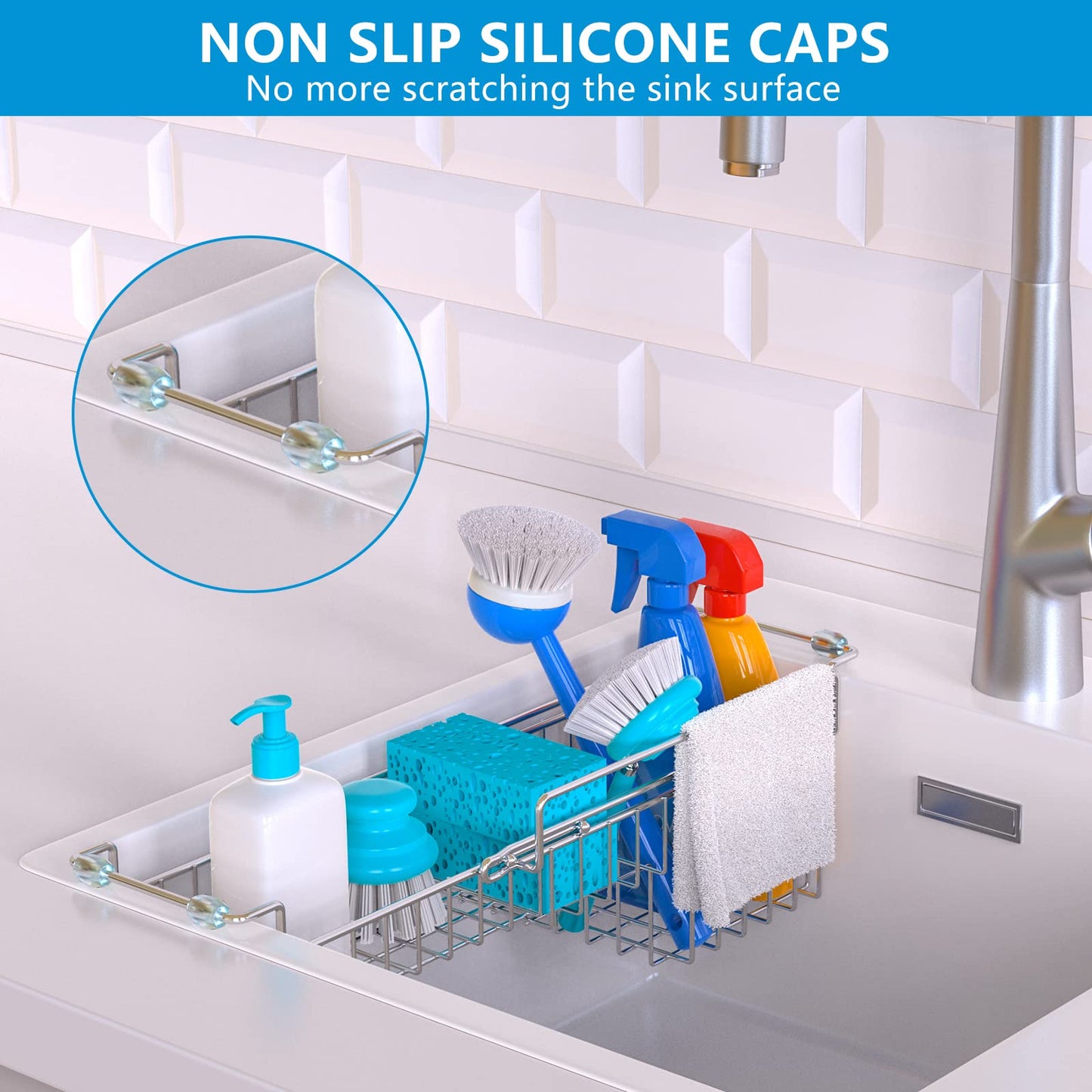 FavoThings Over The Kitchen Sink Caddy Sponge Holder Organizer Drying Rack Expandable for Sponge Brush Soap Dish Cloth Rag, Stainless Steel (12.25" to 17.25")