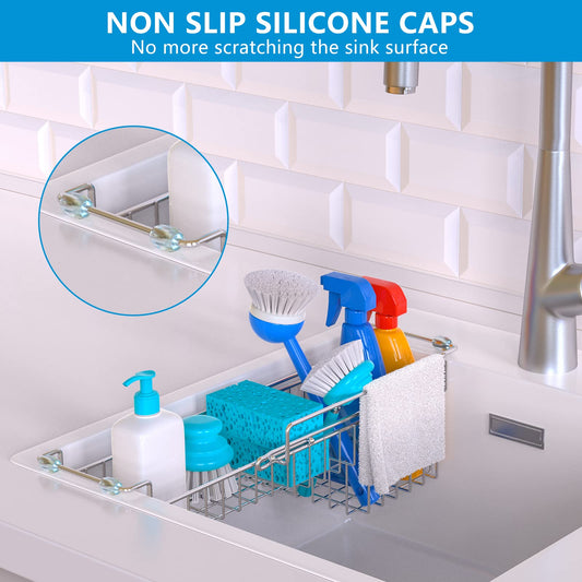 FavoThings Over The Kitchen Sink Caddy Sponge Holder Organizer Drying Rack Expandable for Sponge Brush Soap Dish Cloth Rag, Stainless Steel (12.25" to 17.25")