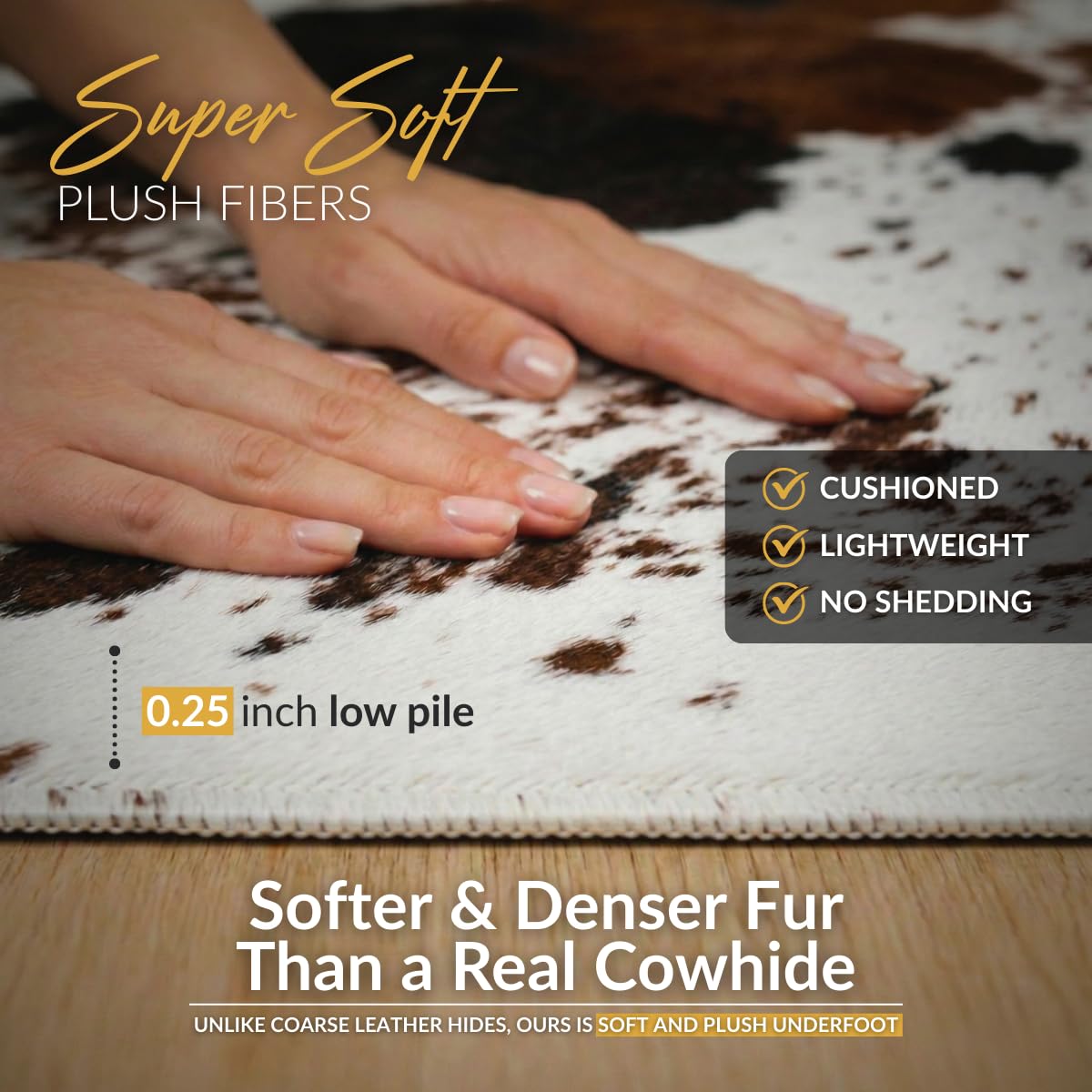 NativeSkins Faux Cowhide Rug 4'3" x 5'7" – Brown Cow Print Area Rug for Living Room & Bedroom – Non-Shedding, Flat-Lay, Pet-Friendly – Faux Suede Grip Backing – Vegan Western Farmhouse Decor