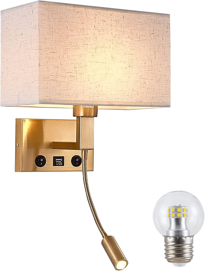 Bedroom Wall Sconces, Hardwired Wall Lamp with USB and Reading Lamp Fabric Shade Bedside Wall Lights with Reading Lamp for Bedroom Living Room Hotels Corridors (Brass)