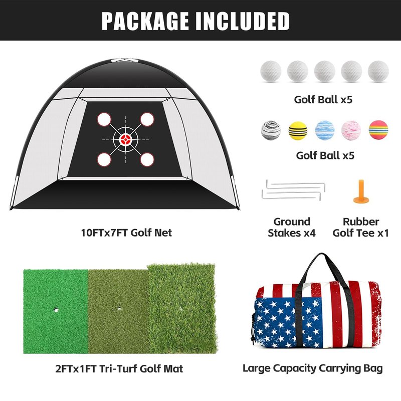 Golf Net Practice 10x7ft with Tri-Turf Mat & Real Balls Set Indoor Outdoor Golf Training Equipment for Backyard Driving Practice Enthusiast Gifts