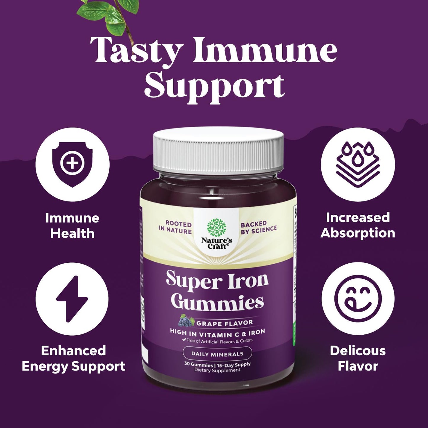 Extra Strength Iron Supplement Gummies for Women & Men - Chewable Iron with Vitamin C & B Complex for Energy, Blood Builder & Immune Support - Increase Red Blood Cells Supplement - 30 Count