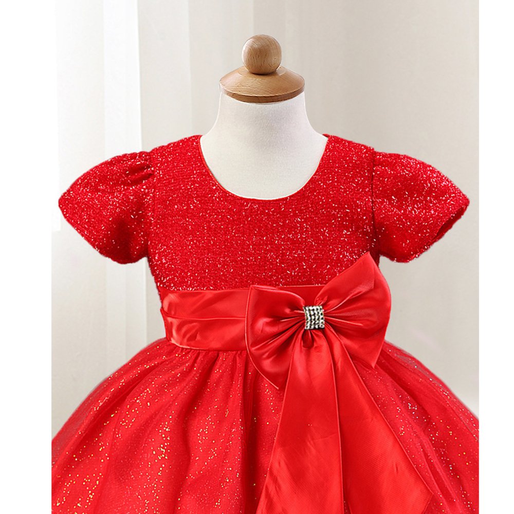 Toddler Girls Christmas Party Dress Bow Elegant Brilliant Tulle Lace Bridesmaid Wedding Dress L006_Red-3
