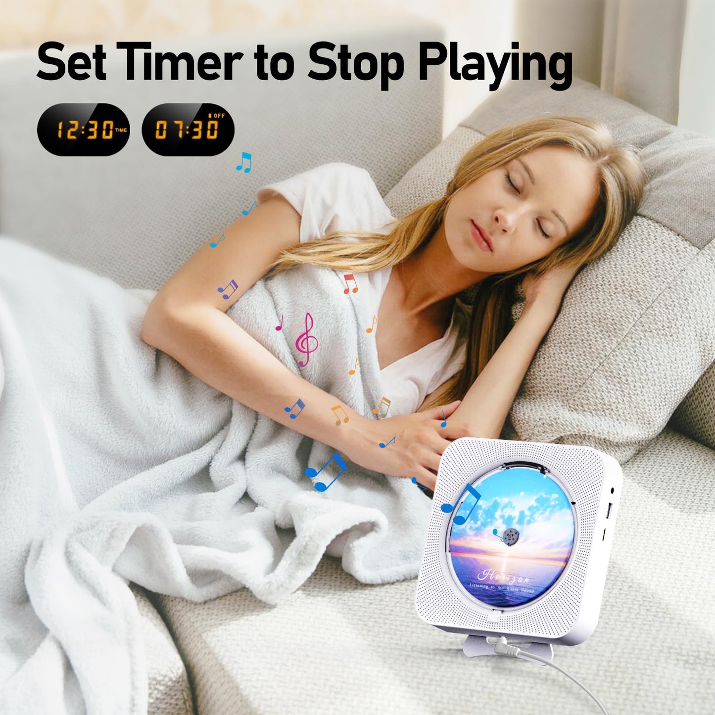 MICOCIOUS Bluetooth Portable Home CD Music Player with Remote Control, Timer, Built-in Speakers and LED Display - FM Radio Boombox (White)