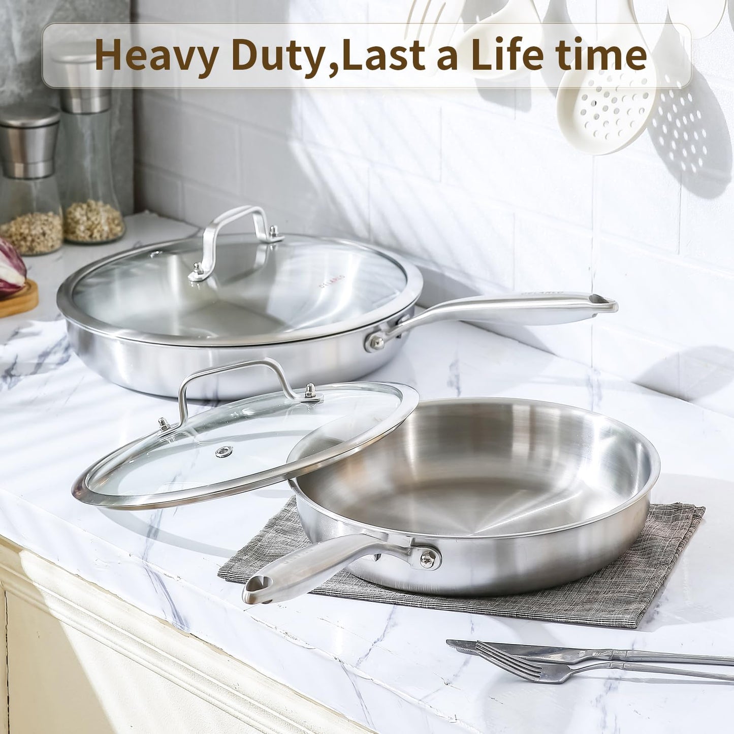 DELARLO Tri-Ply Stainless Steel Pan, 12 inch Frying Pan with Lid, Compatible with All Cooktops Up to 600℉, Fast & Even Heat, Skillet, Induction Cookware, Cooking Pan, Stir Fry Pan, Dishwasher Safe