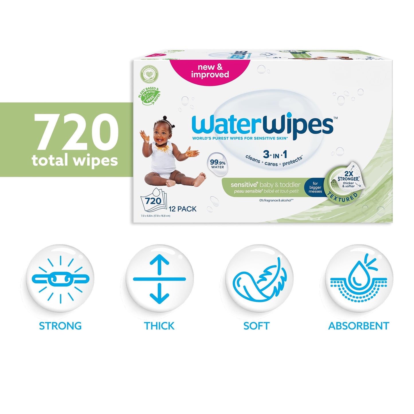 WaterWipes Sensitive+ Baby & Toddler Wipes, 720 Count (12 Packs), 3-In-1 Cleans, Cares, Protects, 99.9% Water, Textured Clean, Unscented