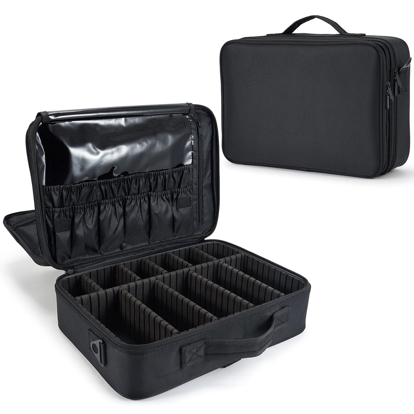 Makeup Bag Extra Large Travel Makeup Bag with Compartment Cosmetic Bags Makeup Organiser Bag Vanity Case Makeup case and Shoulder Strap, Black