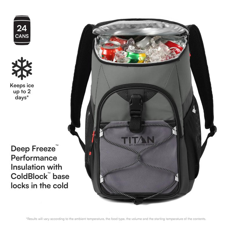 Titan by Arctic Zone Backpack Cooler, Insulated Soft Sided Bag with Leak Proof Lining and Padded Straps, for Lunch, Picnic, and Travel, 24 Can Capacity, Sharkskin Grey