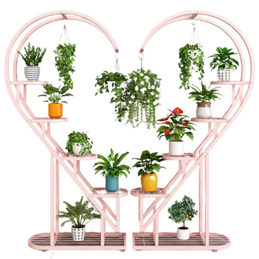Eiwitany Floor-Standing Wrought Iron Flower Stand Installation Simple Load-Bearing Strong Home Living Room Balcony Heart-Shaped Shelf (Pink)