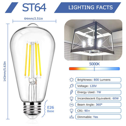 12Packs ST64 Large Vintage LED Edison Bulbs, 60W Equivalent 7W, 800Lumens, Dimmable Antique LED Filament, 5000K Cool White, E26 Medium Base Light Bulbs High Brightness Clear Glass for Bedroom Office