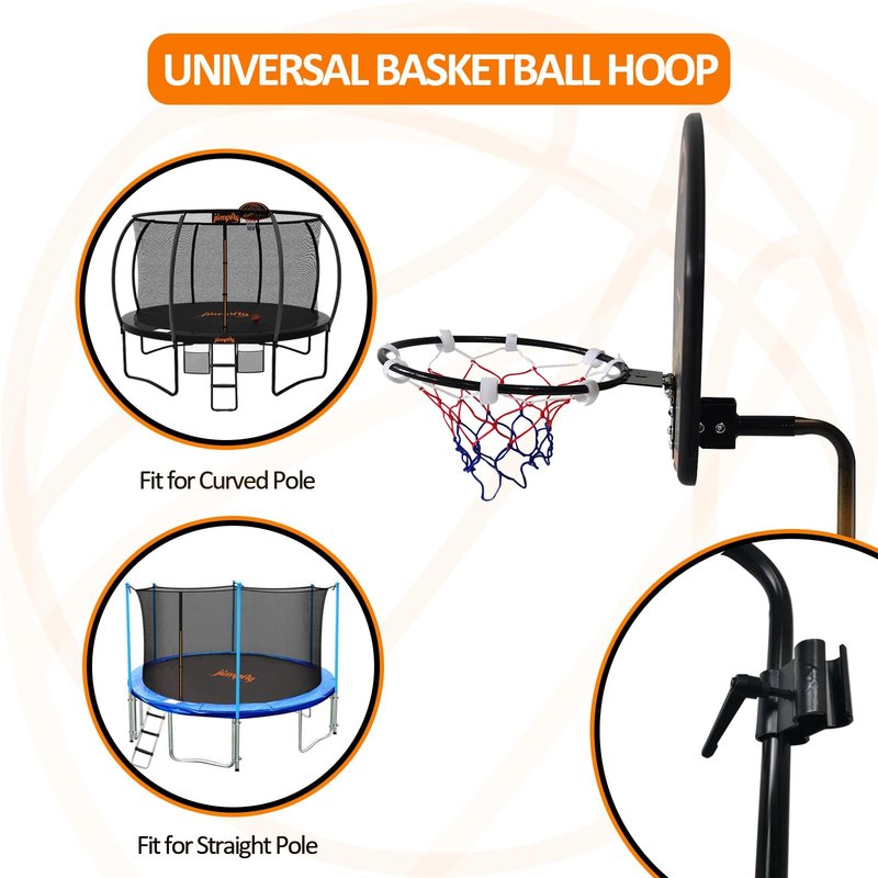 Jumpfly Trampoline Basketball Hoop Attachment, Basketball Hoop for Trampoline Easy to Install, Universal Trampoline Accessories Fits Straight Pole & Curved Pole with Mini Balls & Pump