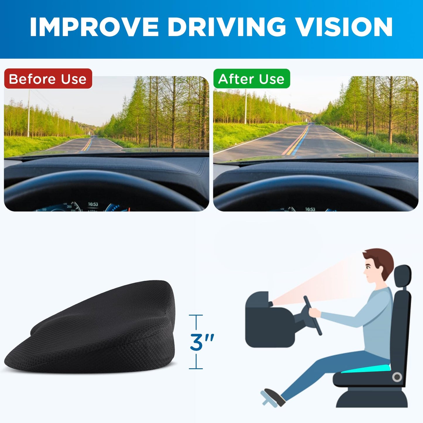 QUTOOL Car Memory Foam Seat Cushion Car Seat Cushions for Driving Wedge Booster Seat Cushion for Short People Chair Seat Cushion Pad Seat Back Support for Office Chair, Cars, and Trucks (Black)