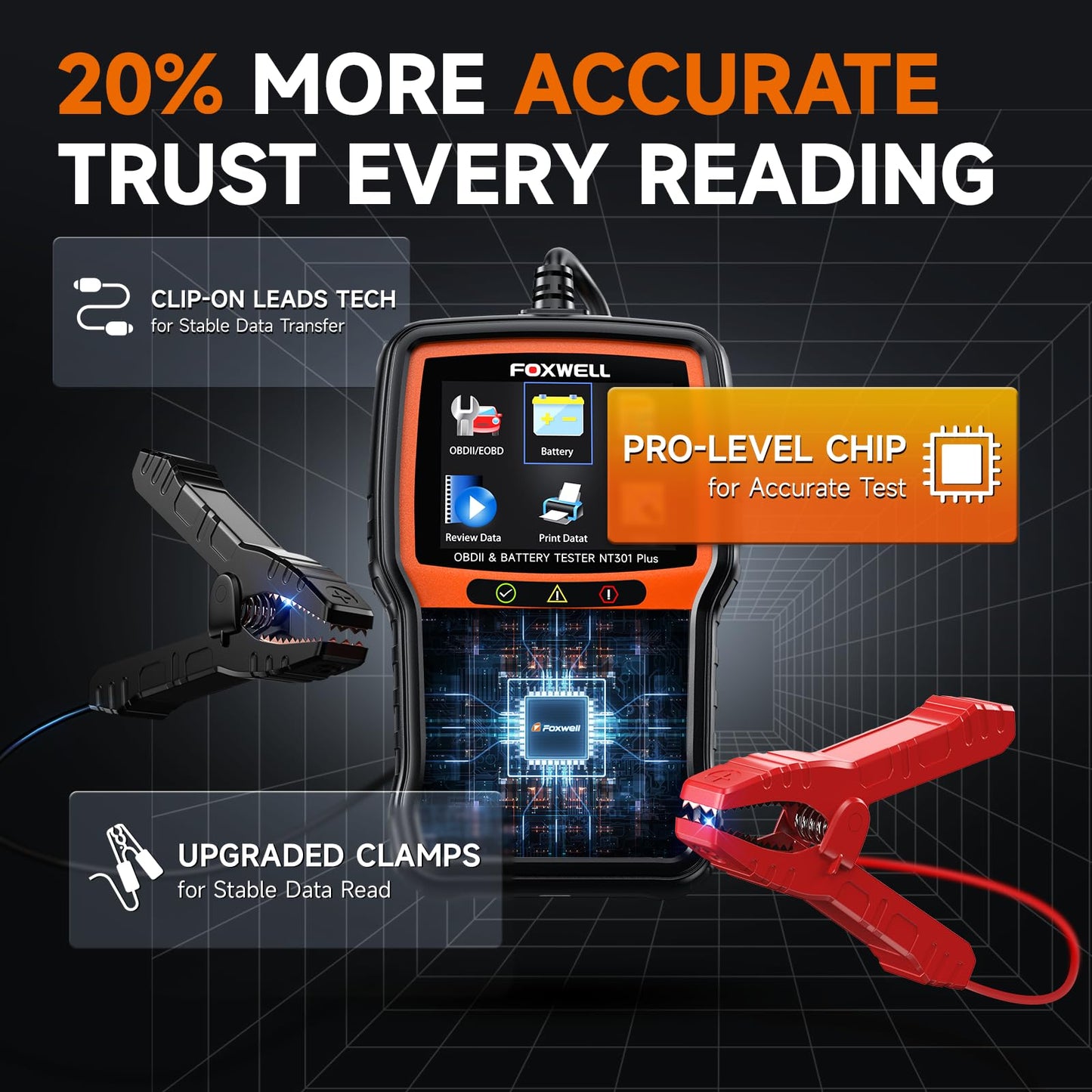 FOXWELL NT301 Plus 2-in-1 OBD2 Scanner Battery Tester, Professional Check Engine Code Reader Car Diagnostic Tool, Live Data, 12V 100-1100CCA Cranking Charging Analyzer for 1996 or Newer Vehicle