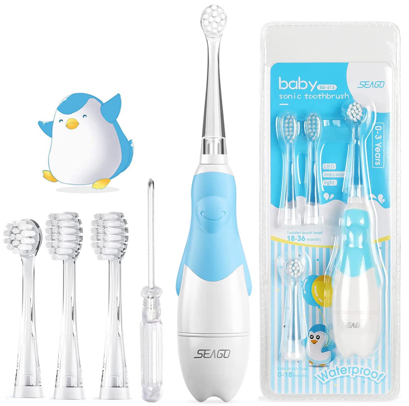 Seago Baby Toothbrush Age 0-2-3 Years Old Electric Toddler Kids Battery Powered Sonic Tooth Brush with Timer LED Light and 4 Soft Brush Heads for 6 Months and Up SG513 (Baby Blue)