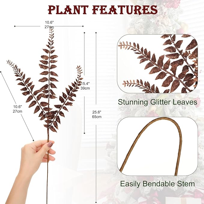 DILATATA 6Pcs Christmas Glitter Leaves Boston Fern Leaves 25" Artificial Bronze Fern Leaf Picks Sprays Giltter Stems for Christmas Tree DIY Xmas Wreath Garland Home Decor - Bronze