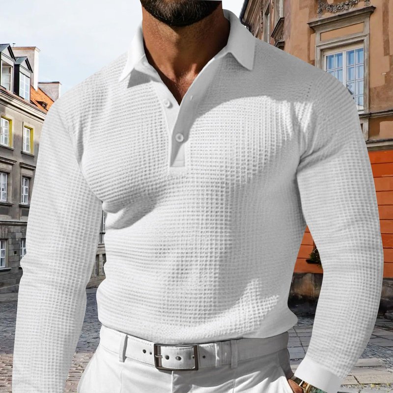Men's Solid Color Shirts Buttons Lapel Blouses Long Sleeve Leisure Shirt Golf Tops Slim Casual Collared T Shirts White M