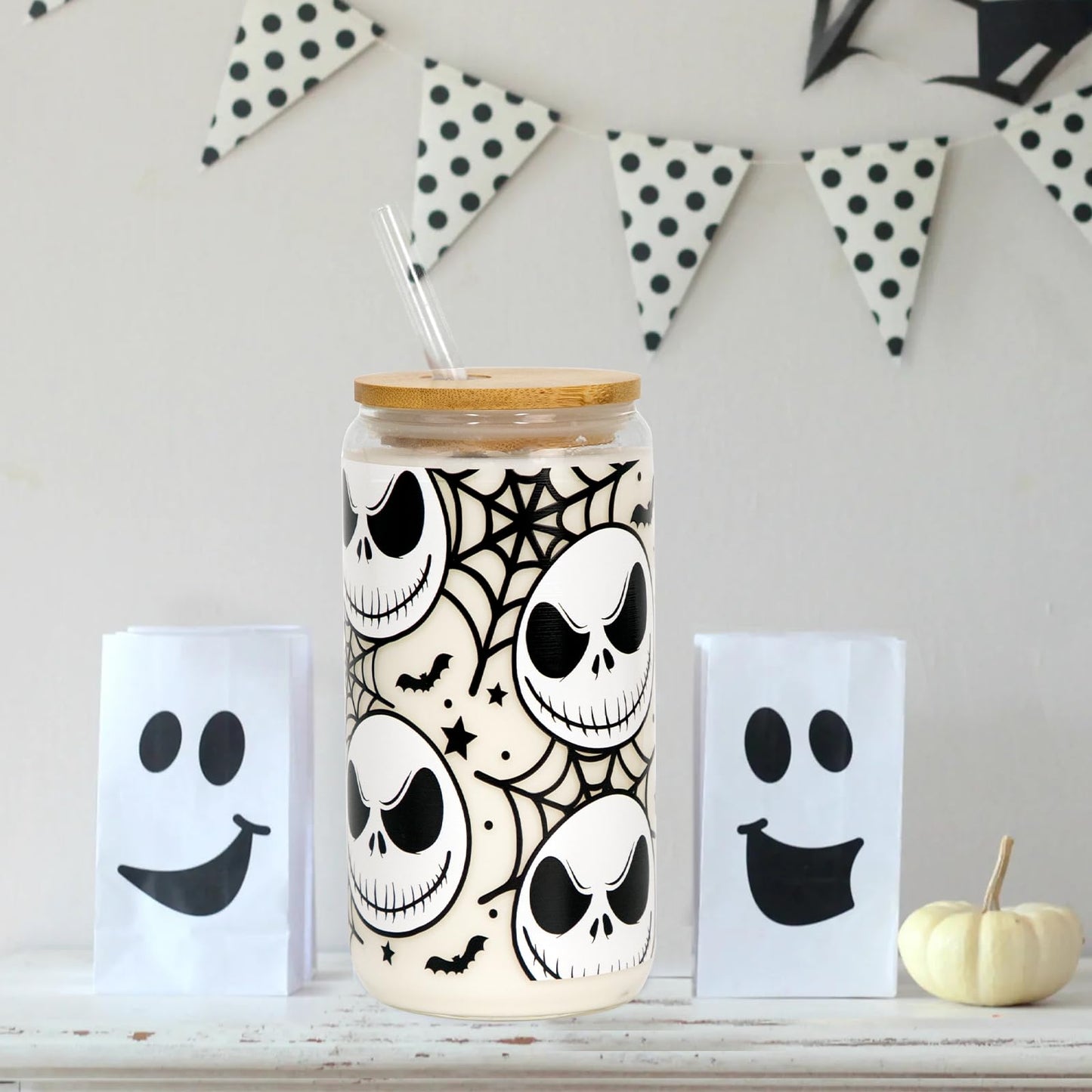 Joyseller Halloween Iced Coffee Can Glass, 18oz Nightmare Halloween Cup with Lid and Straw, Spooky Season Glass Tumbler for Fall Gifts