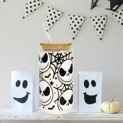 Joyseller Halloween Iced Coffee Can Glass, 18oz Nightmare Halloween Cup with Lid and Straw, Spooky Season Glass Tumbler for Fall Gifts