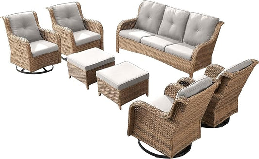 Rilyson Patio Furniture Swivel Chairs Set - 7 Piece Wicker Rattan Outdoor Sectional Conversation Sets with 4 Swivel Rocking Chairs,2 Ottomans and 1 Sofa for Porch Deck Garden(Yellow/Beige)
