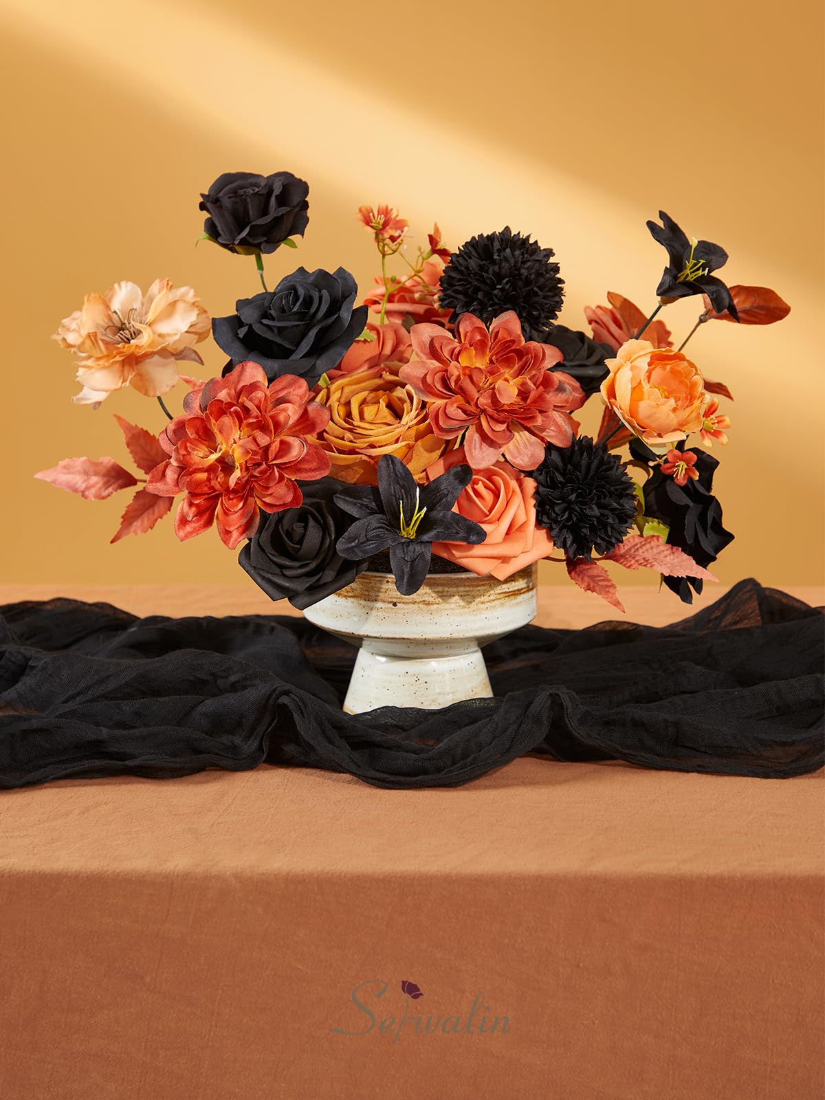 Serwalin Fall Flowers Combo - Black & Orange Artificial Wedding & Halloween Flowers for DIY Bridal Bouquets, Centerpieces & Home Decoration