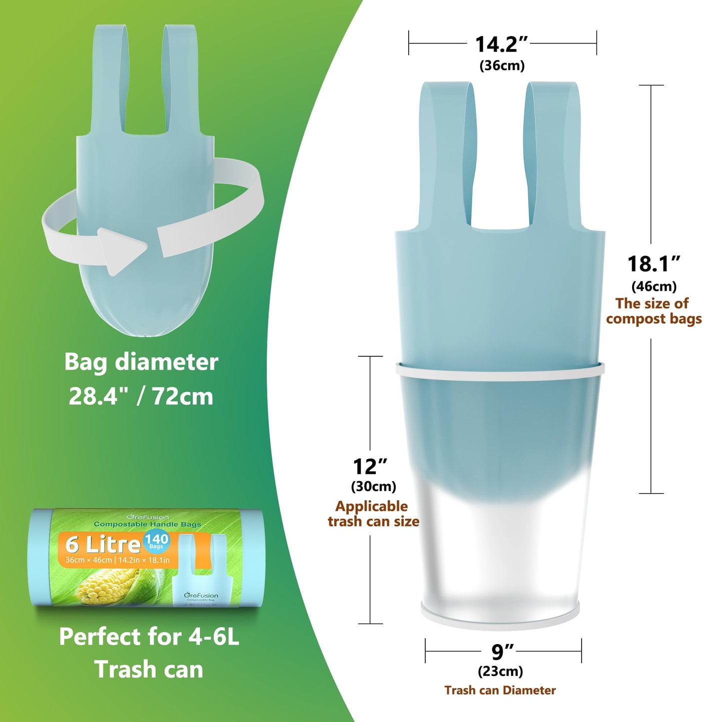 GreFusion 6L Tie Handle food waste Bags 140 count Extra Thick compostable caddy liners 6 litre with Handles